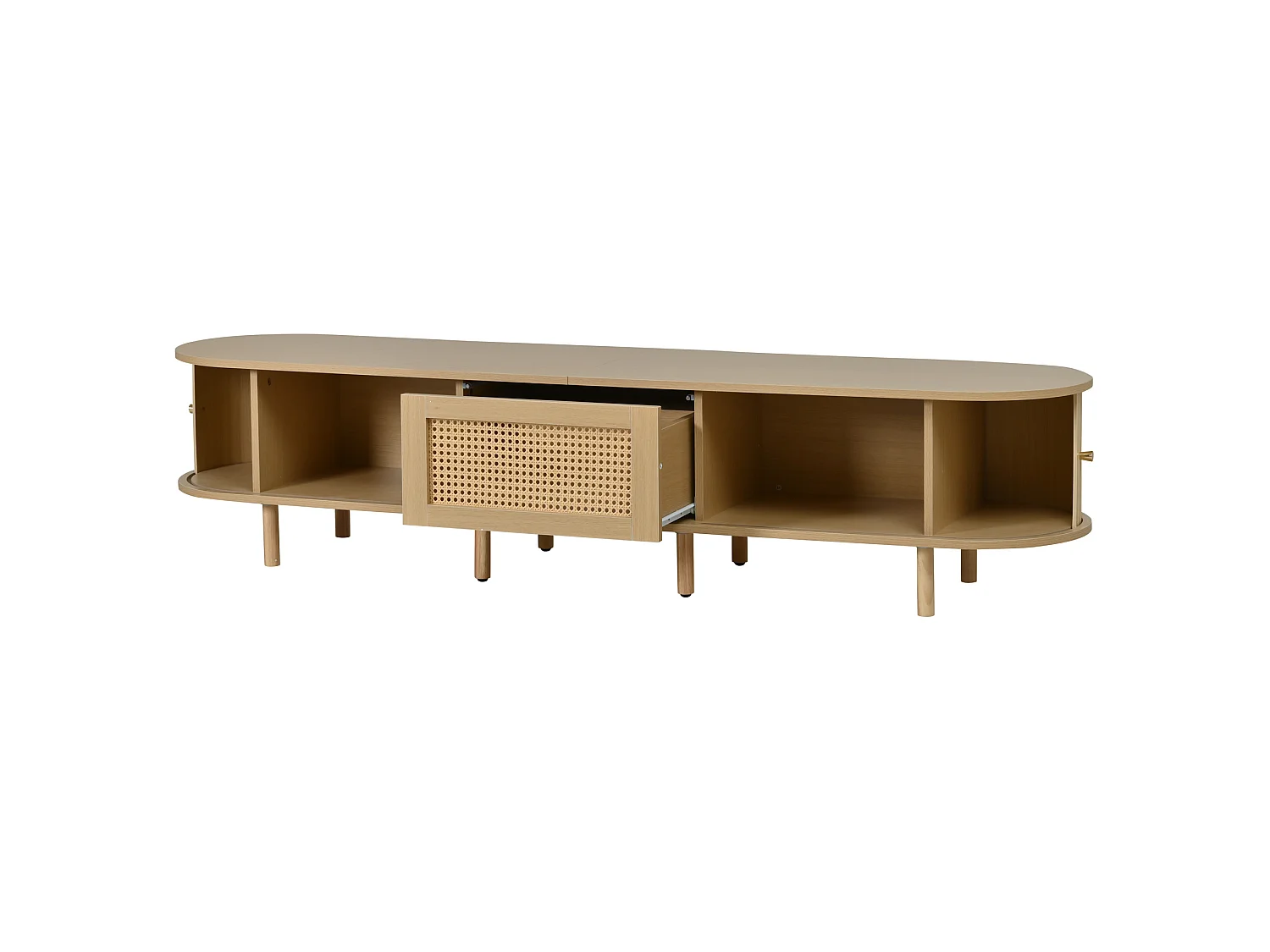 Meuble TV 180 cm effet bois naturel style vintage moderne, portes coulissantes, tiroir et rangements design pour salon