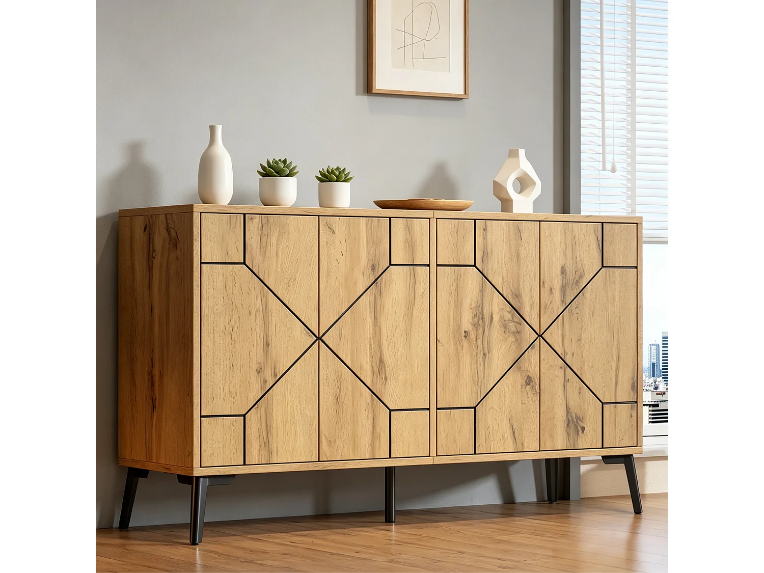 Aparador con 4 puertas y 4 compartimentos, color natural, 120x35x69 cm