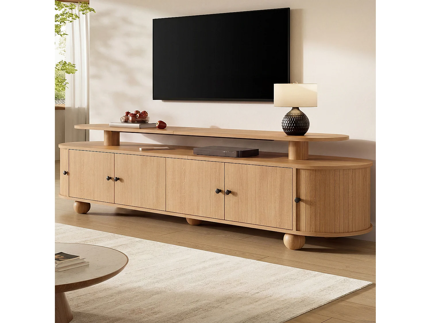 TV-Schrank natur 180x40x48 cm mit 4 festen Türen, 2 Schiebetüren und LED-Beleuchtung für Wohnzimmer