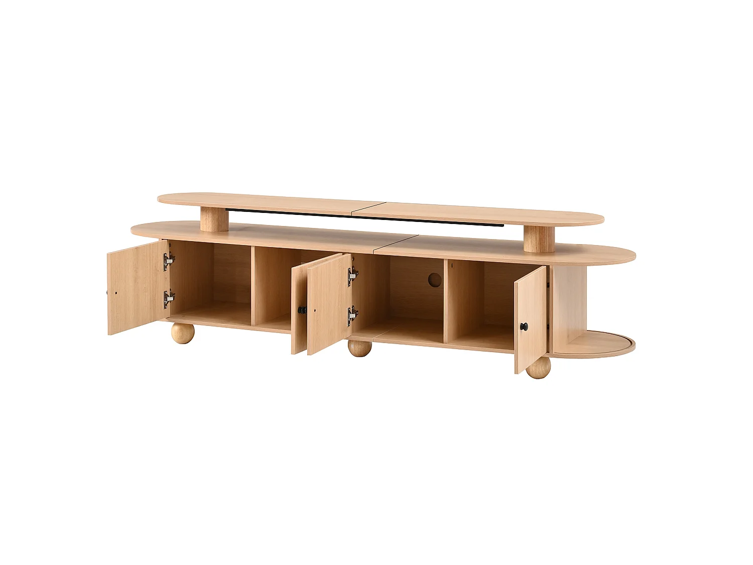 TV-Schrank natur 180x40x48 cm mit 4 festen Türen, 2 Schiebetüren und LED-Beleuchtung für Wohnzimmer