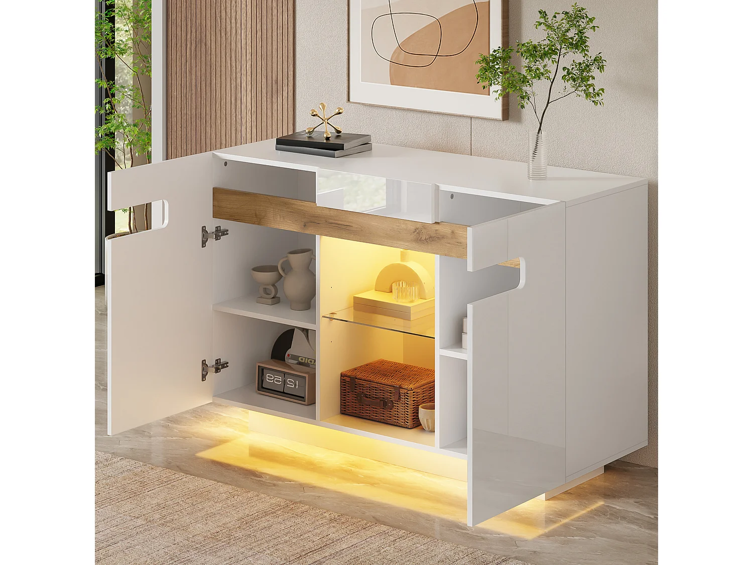 Aparador con LED, 4 estantes y 2 compartimentos abiertos, blanco, 120 x 40 x 80 cm
