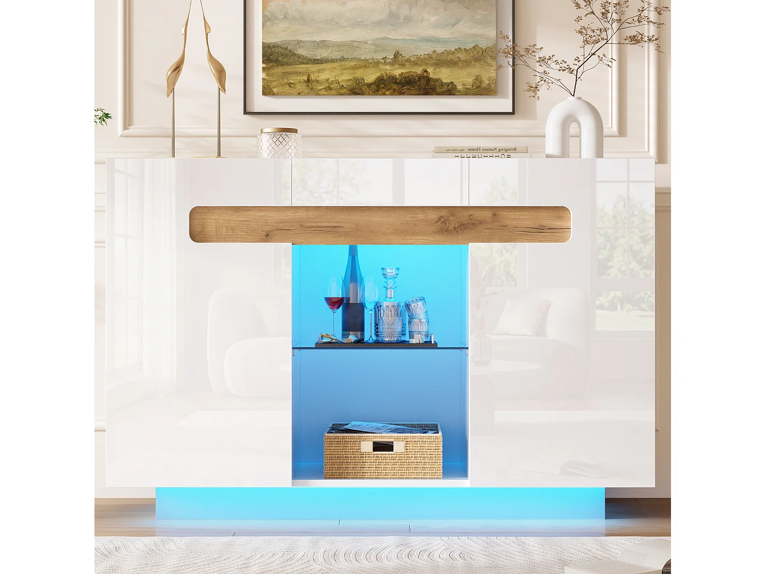 Aparador con LED, 4 estantes y 2 compartimentos abiertos, blanco, 120 x 40 x 80 cm