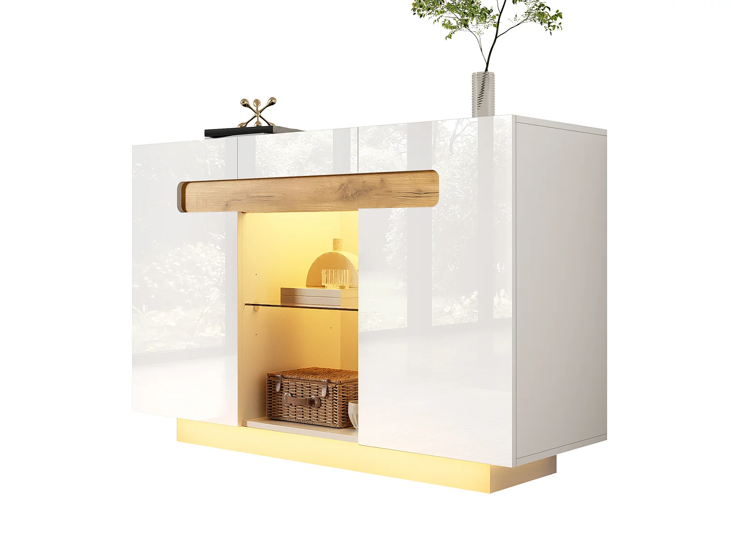 Aparador con LED, 4 estantes y 2 compartimentos abiertos, blanco, 120 x 40 x 80 cm
