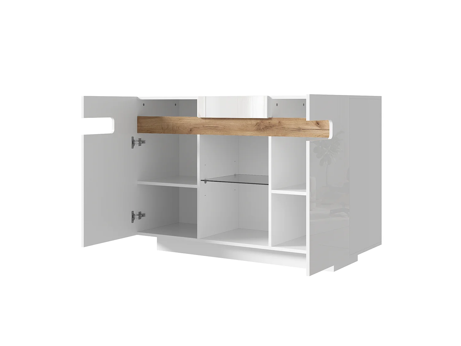 Aparador con LED, 4 estantes y 2 compartimentos abiertos, blanco, 120 x 40 x 80 cm