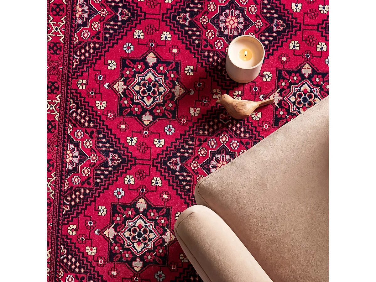 Tapis Dubai Deluxe salon orient losanges classique, Rouge, 80 x 150 cm