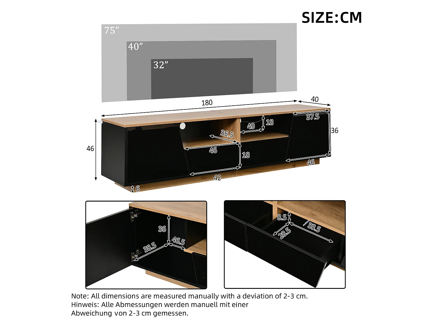 Mobile TV contemporaneo 180 cm nero e legno lucido con illuminazione LED, 2 ante, 2 cassetti e vani contenitivi per soggiorno