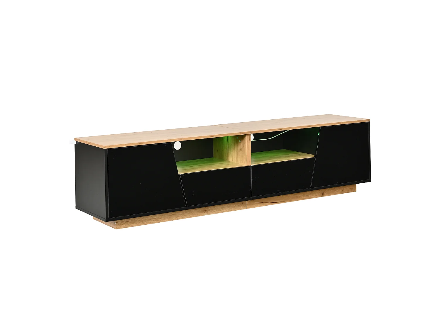 Mobile TV contemporaneo 180 cm nero e legno lucido con illuminazione LED, 2 ante, 2 cassetti e vani contenitivi per soggiorno
