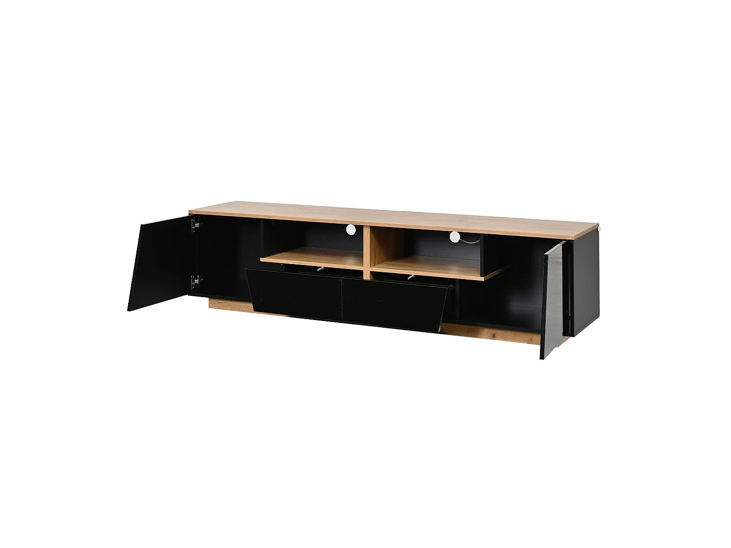 Mobile TV contemporaneo 180 cm nero e legno lucido con illuminazione LED, 2 ante, 2 cassetti e vani contenitivi per soggiorno