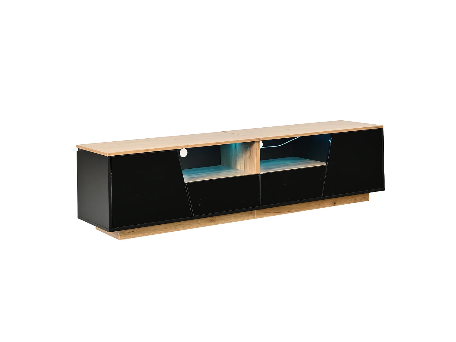 Mobile TV contemporaneo 180 cm nero e legno lucido con illuminazione LED, 2 ante, 2 cassetti e vani contenitivi per soggiorno