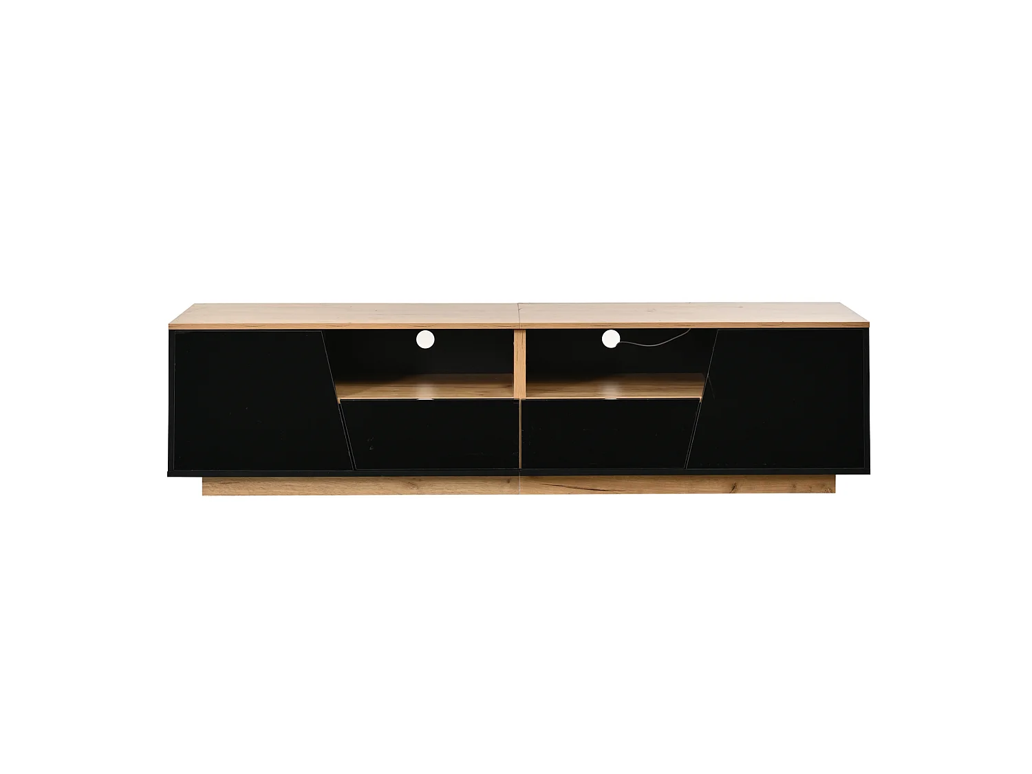 Mobile TV contemporaneo 180 cm nero e legno lucido con illuminazione LED, 2 ante, 2 cassetti e vani contenitivi per soggiorno
