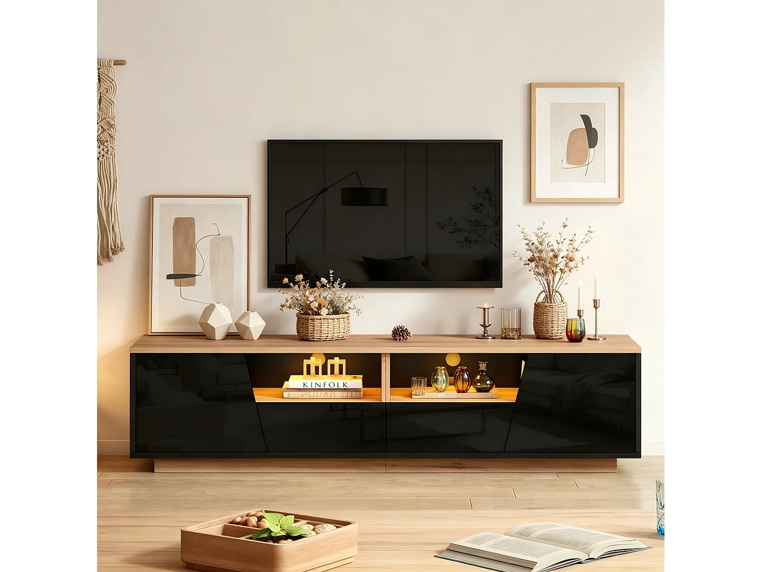 Mobile TV contemporaneo 180 cm nero e legno lucido con illuminazione LED, 2 ante, 2 cassetti e vani contenitivi per soggiorno