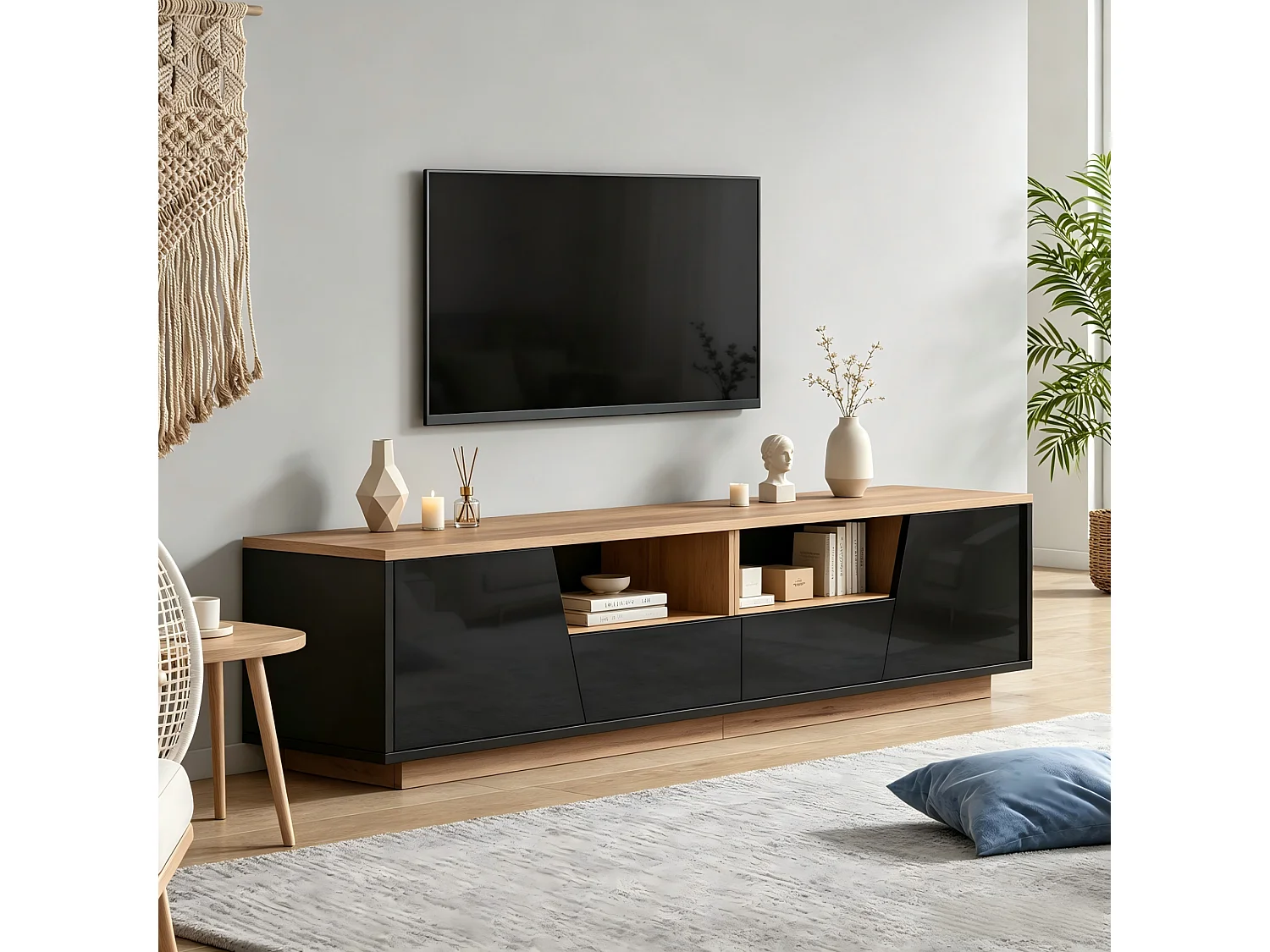 Mobile TV contemporaneo 180 cm nero e legno lucido con illuminazione LED, 2 ante, 2 cassetti e vani contenitivi per soggiorno