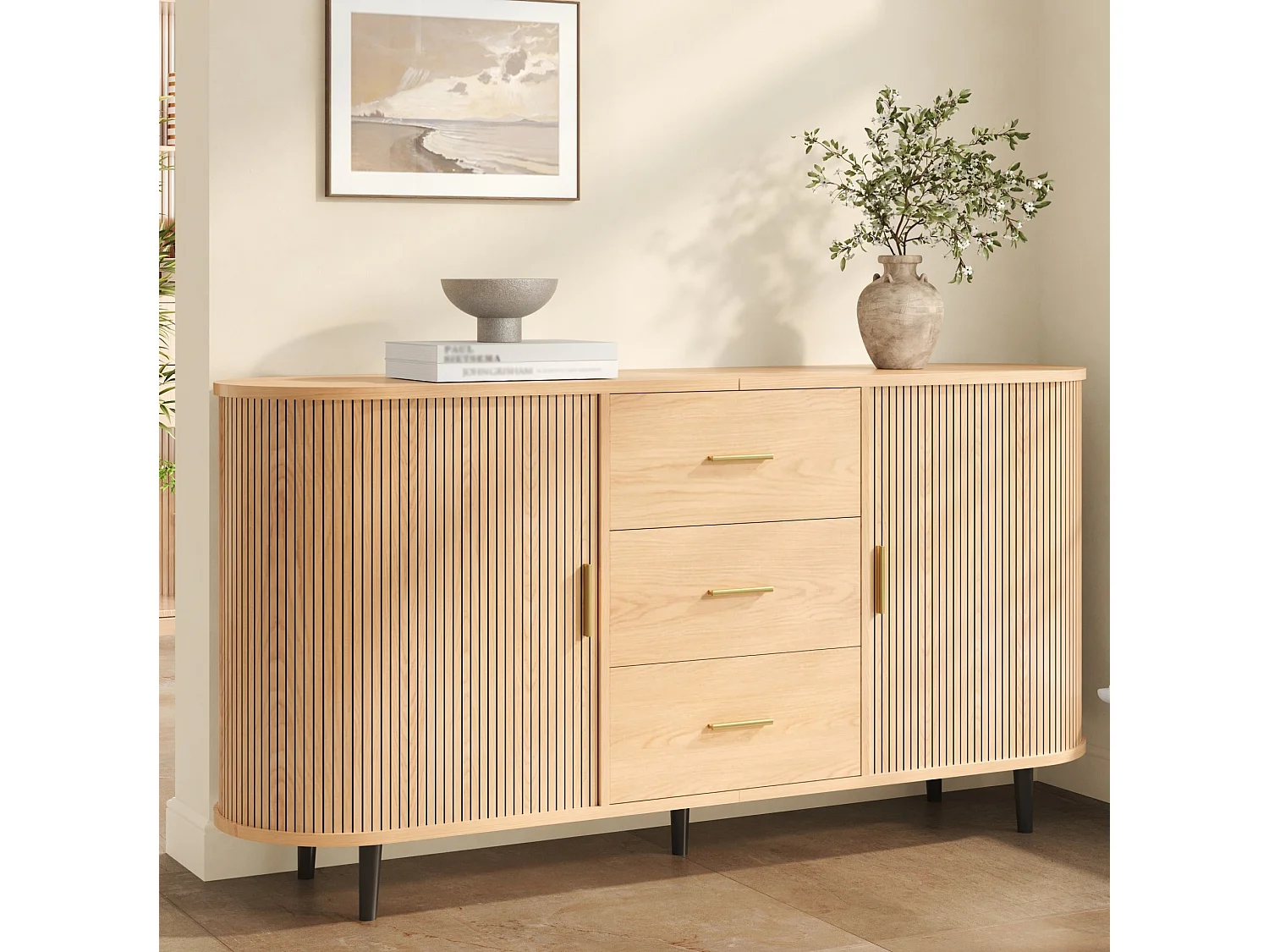 Aparador con 3 cajones y puertas correderas, de MDF, color natural, 160 x 40 x 80,5 cm