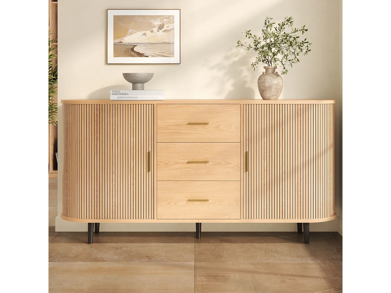 Aparador con 3 cajones y puertas correderas, de MDF, color natural, 160 x 40 x 80,5 cm
