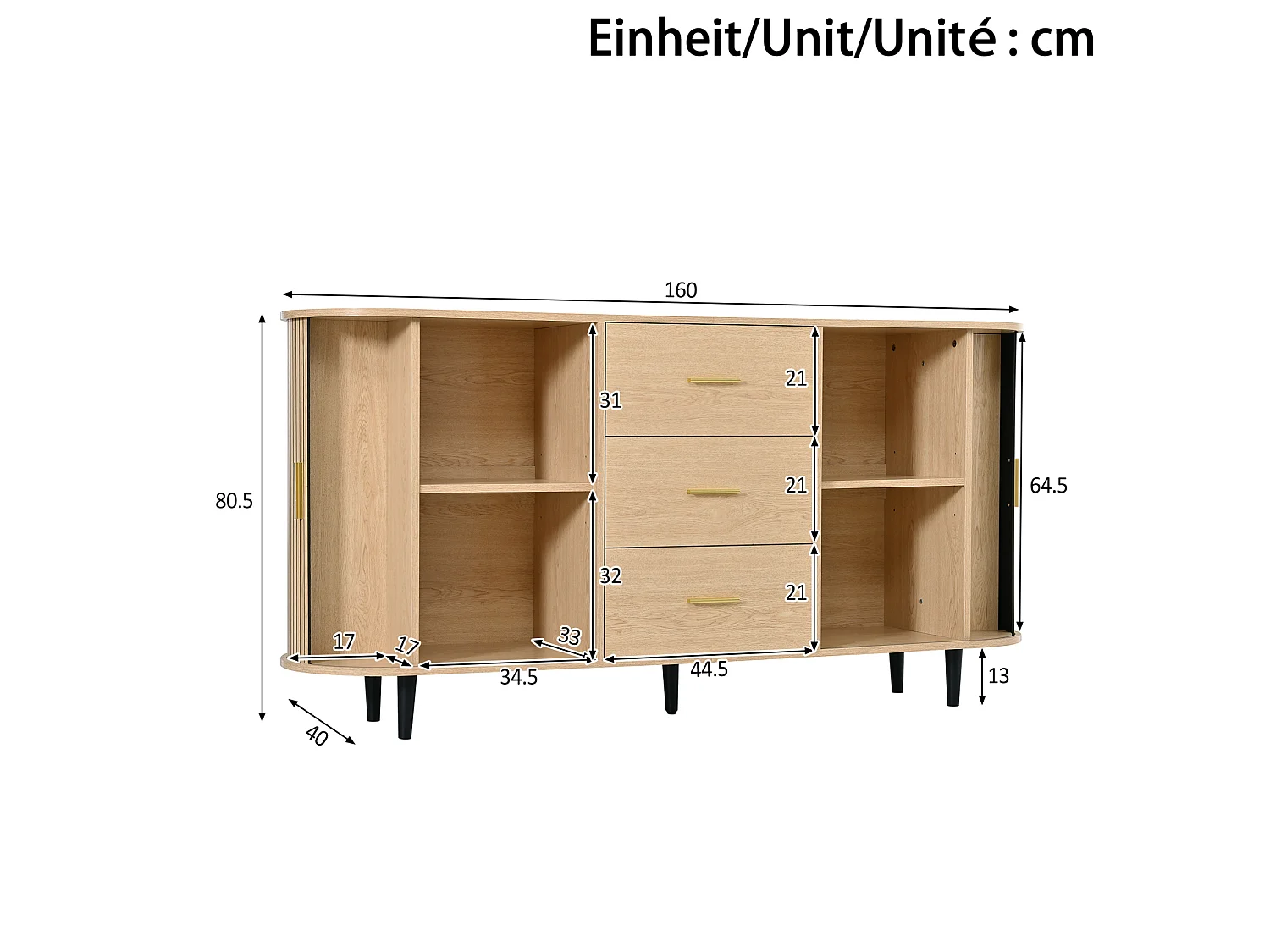 Aparador con 3 cajones y puertas correderas, de MDF, color natural, 160 x 40 x 80,5 cm