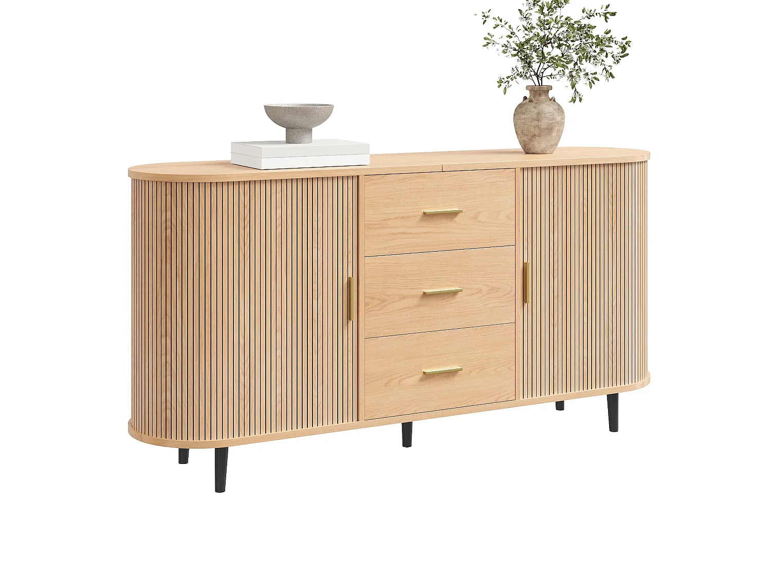 Aparador con 3 cajones y puertas correderas, de MDF, color natural, 160 x 40 x 80,5 cm
