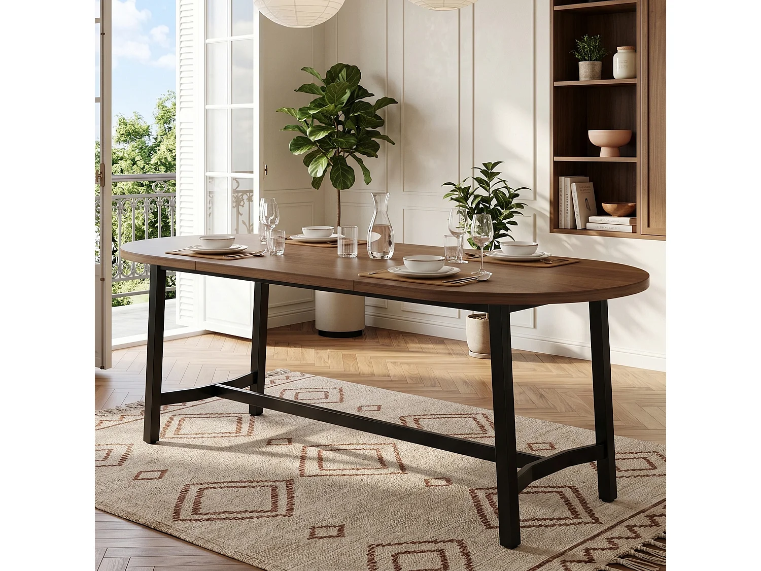 Table à manger ovale 180 x 80 cm effet noyer pour 6 à 8 personnes, coins arrondis, pieds en métal, style moderne
