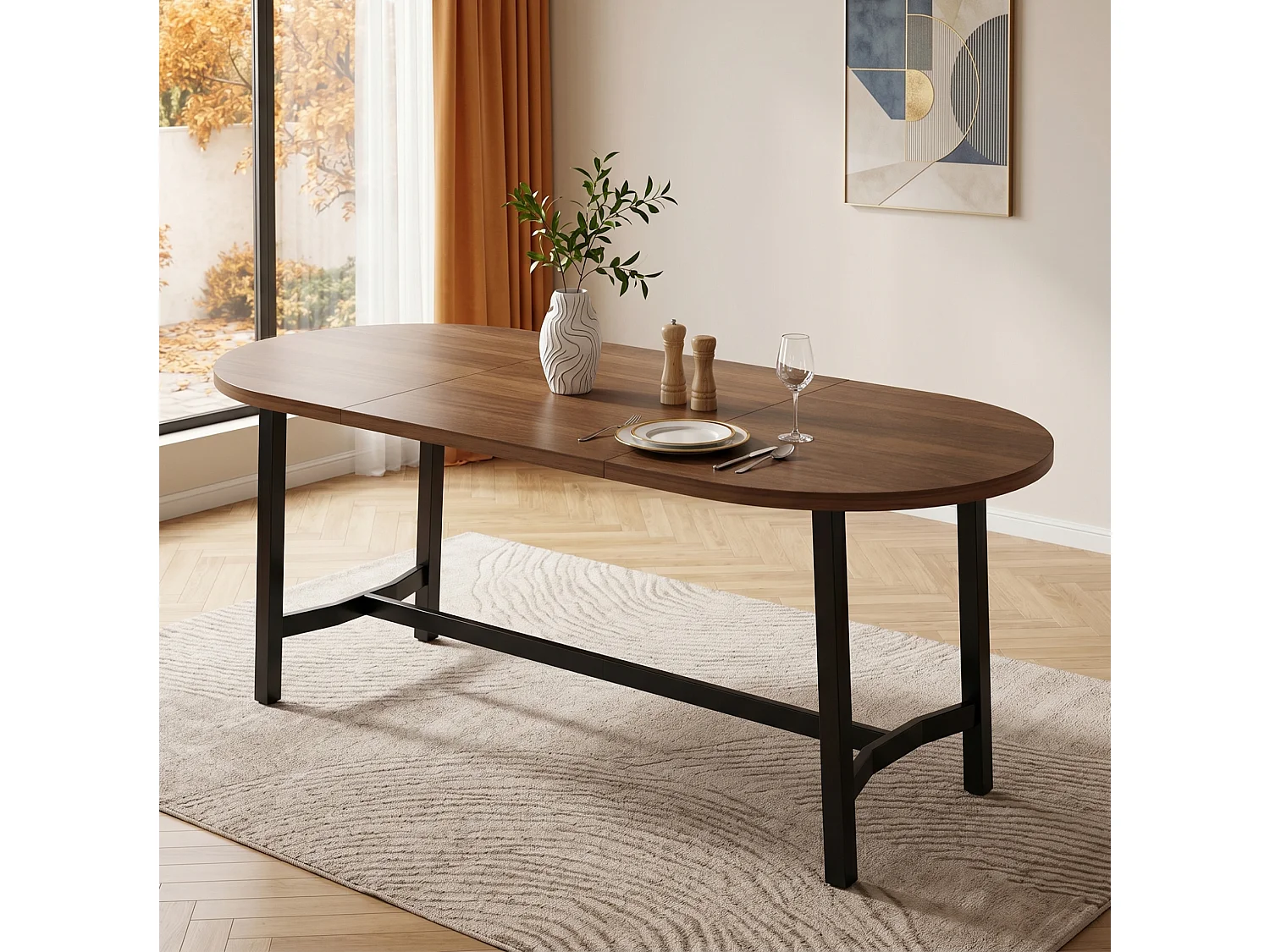 Table à manger ovale 180 x 80 cm effet noyer pour 6 à 8 personnes, coins arrondis, pieds en métal, style moderne