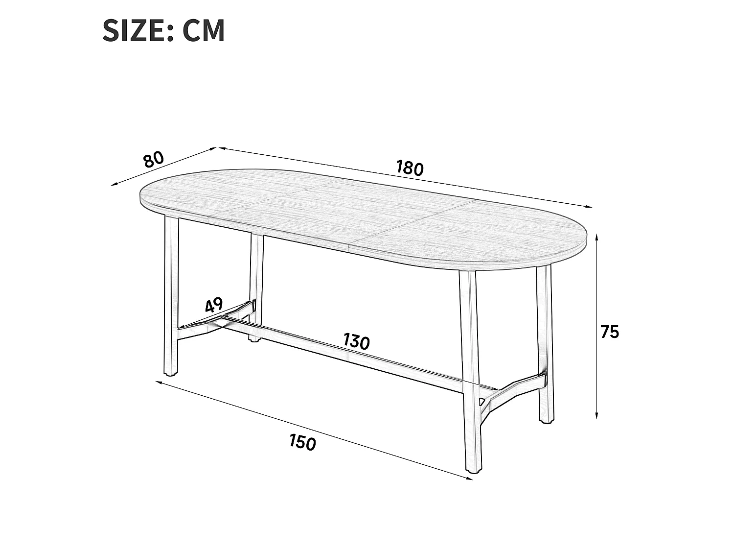Table à manger ovale 180 x 80 cm effet noyer pour 6 à 8 personnes, coins arrondis, pieds en métal, style moderne
