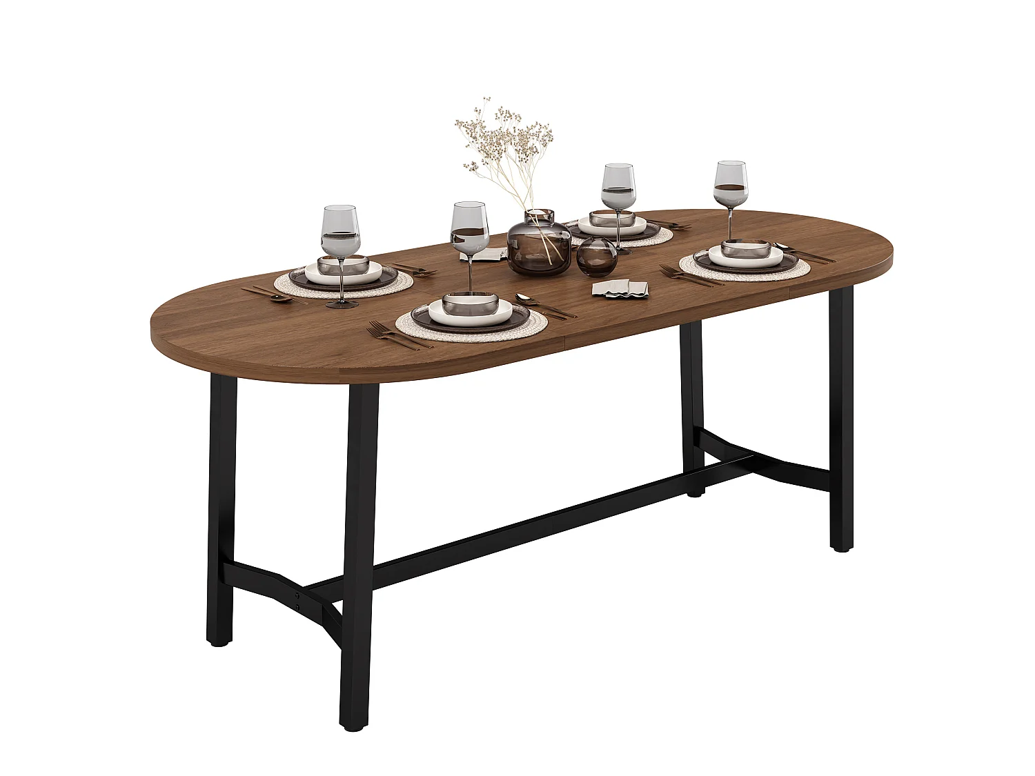 Table à manger ovale 180 x 80 cm effet noyer pour 6 à 8 personnes, coins arrondis, pieds en métal, style moderne