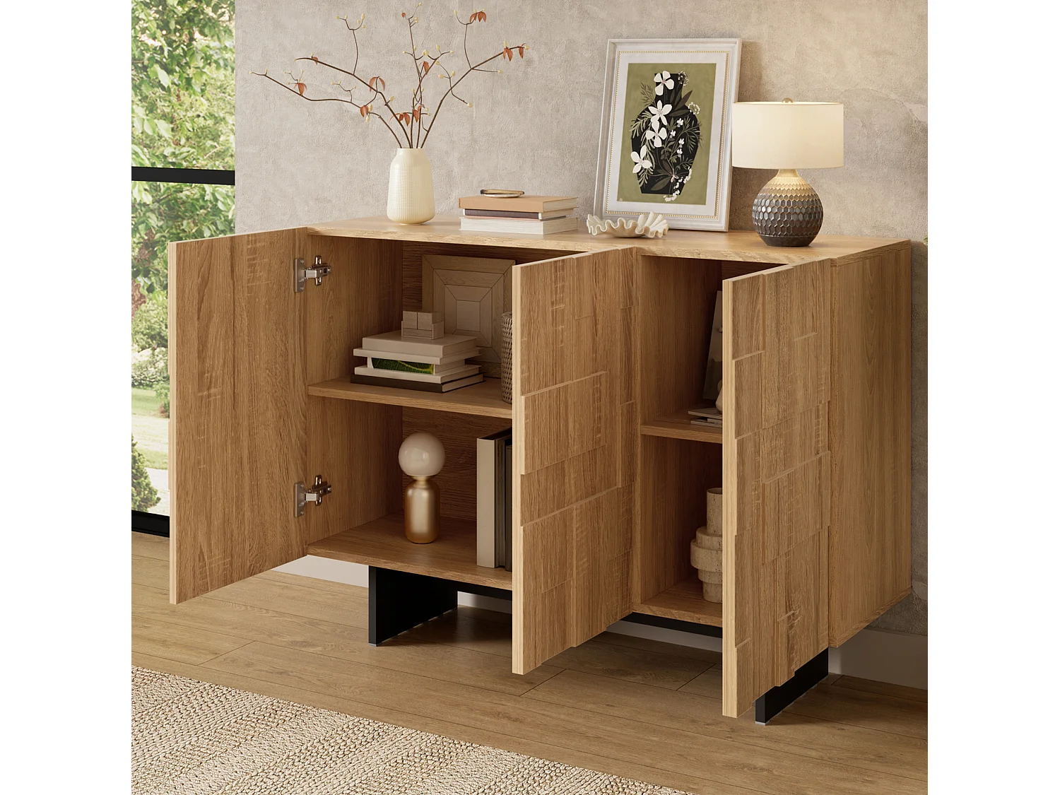 Aparador con 3 puertas y estantes ajustables, color natural, 105 x 33,5 x 76 cm
