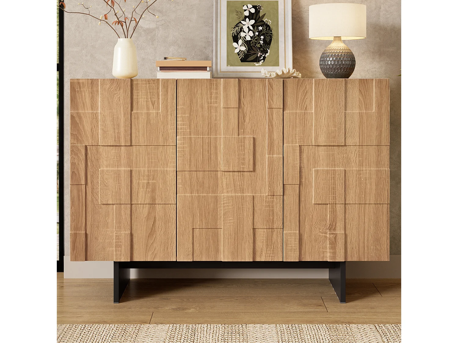 Aparador con 3 puertas y estantes ajustables, color natural, 105 x 33,5 x 76 cm