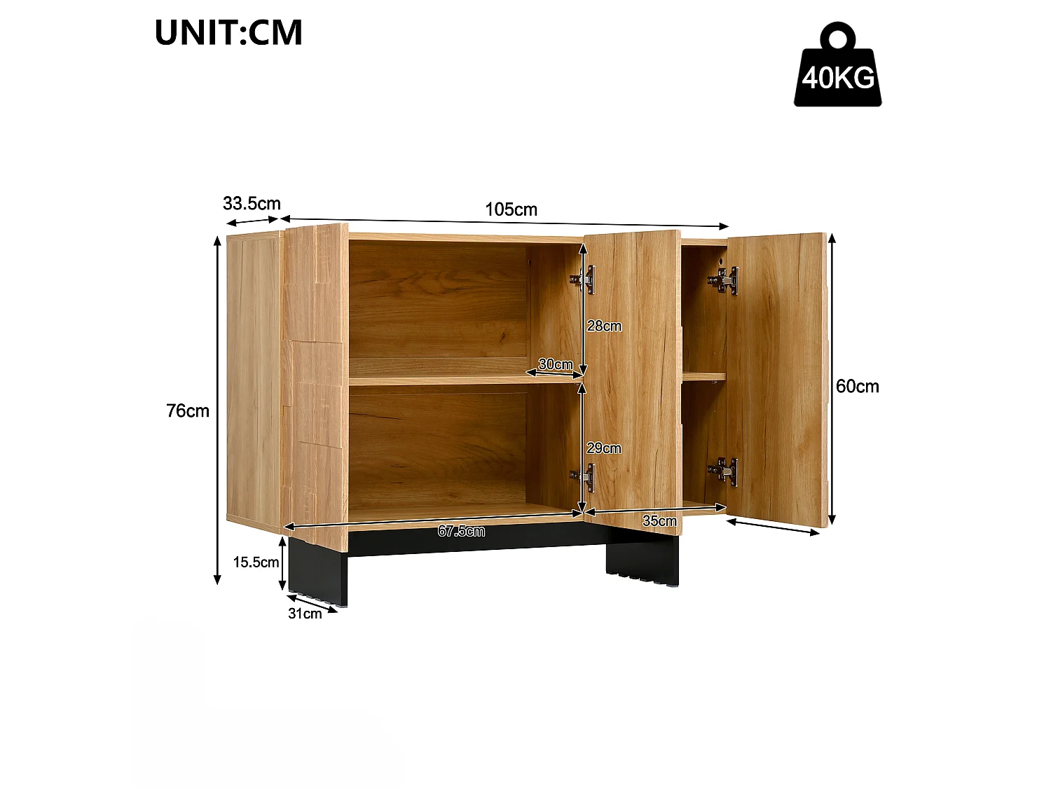 Aparador con 3 puertas y estantes ajustables, color natural, 105 x 33,5 x 76 cm