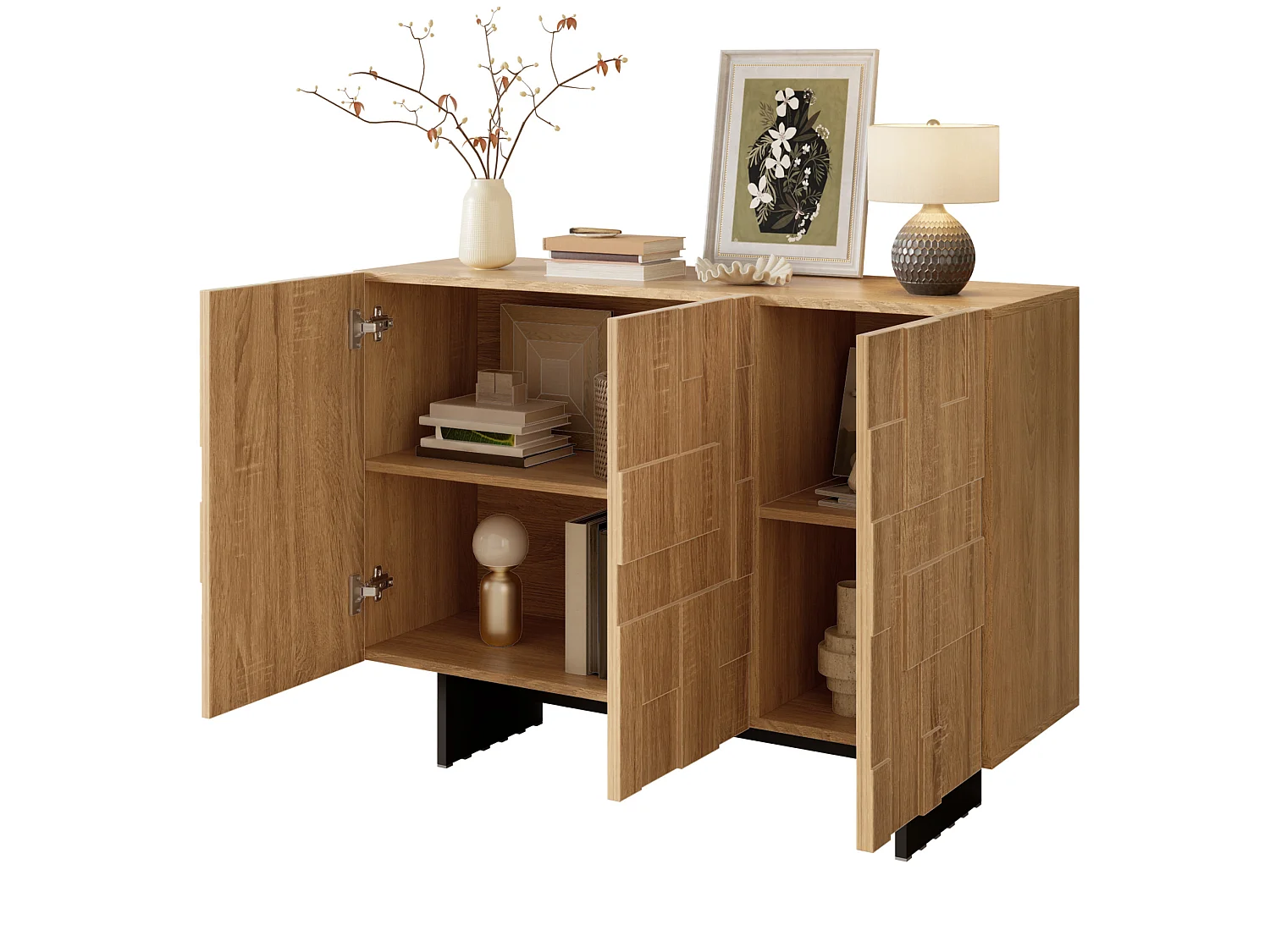 Aparador con 3 puertas y estantes ajustables, color natural, 105 x 33,5 x 76 cm