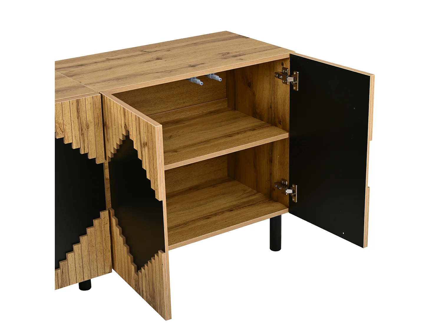 Aparador con 4 puertas con sistema push-open y diseño de rombos, natural y negro, 140x40x70 cm
