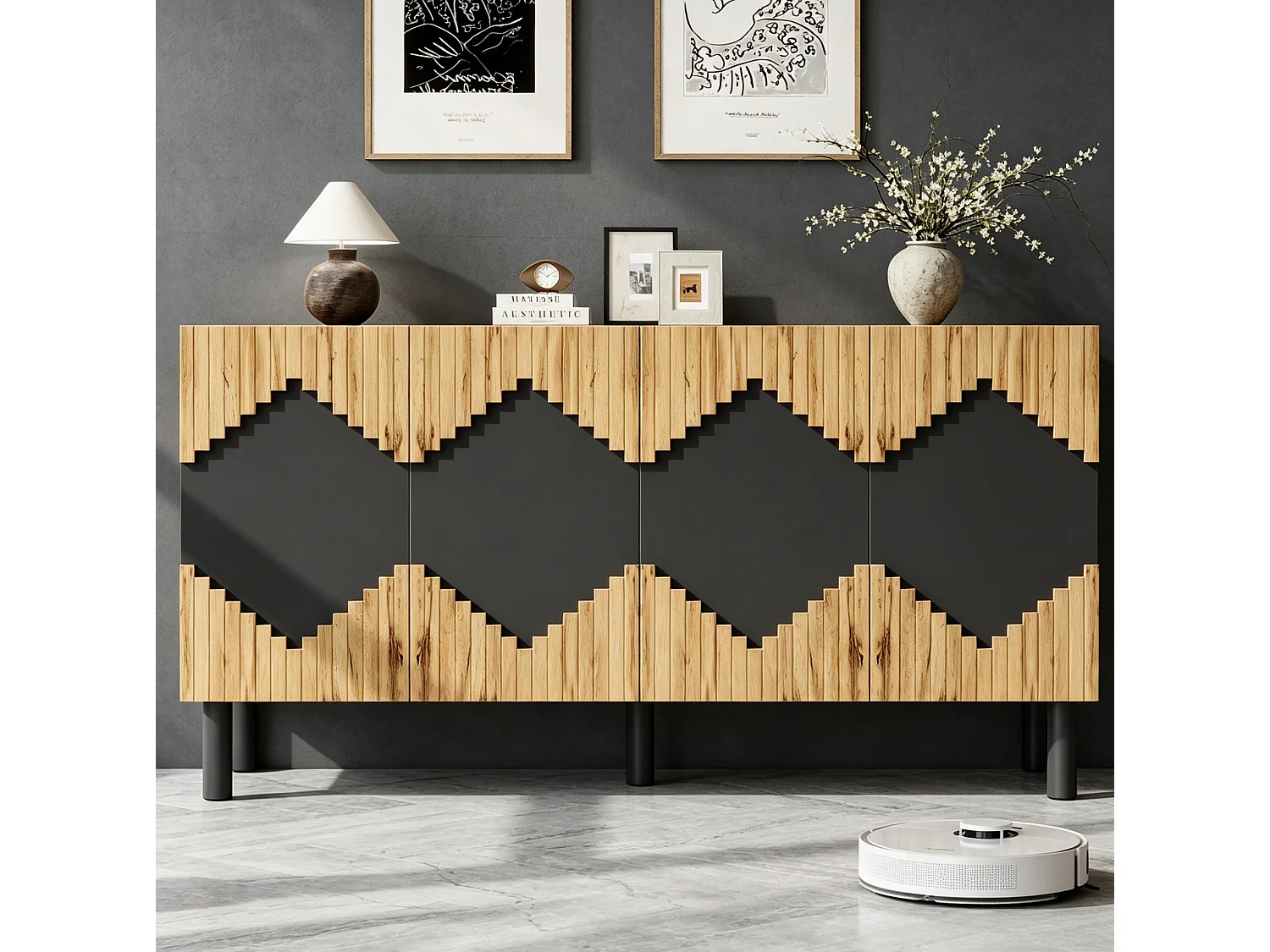 Aparador con 4 puertas con sistema push-open y diseño de rombos, natural y negro, 140x40x70 cm