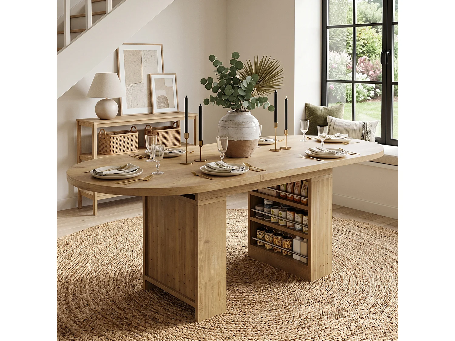 Table à manger extensible 150-200 x 90 cm effet chêne pour 6 à 8 personnes, rangement ouvert et plateau de table épaissi