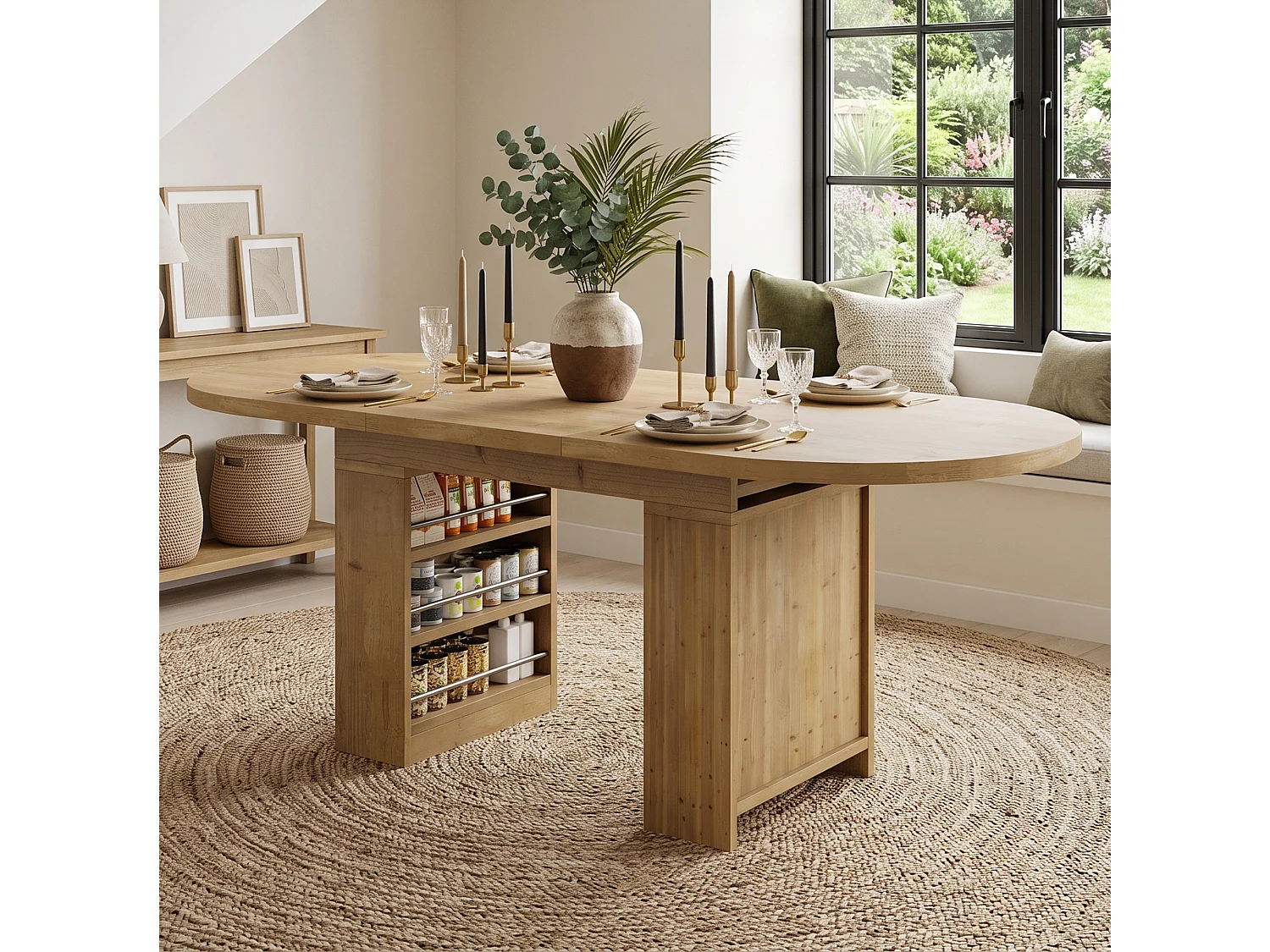 Table à manger extensible 150-200 x 90 cm effet chêne pour 6 à 8 personnes, rangement ouvert et plateau de table épaissi