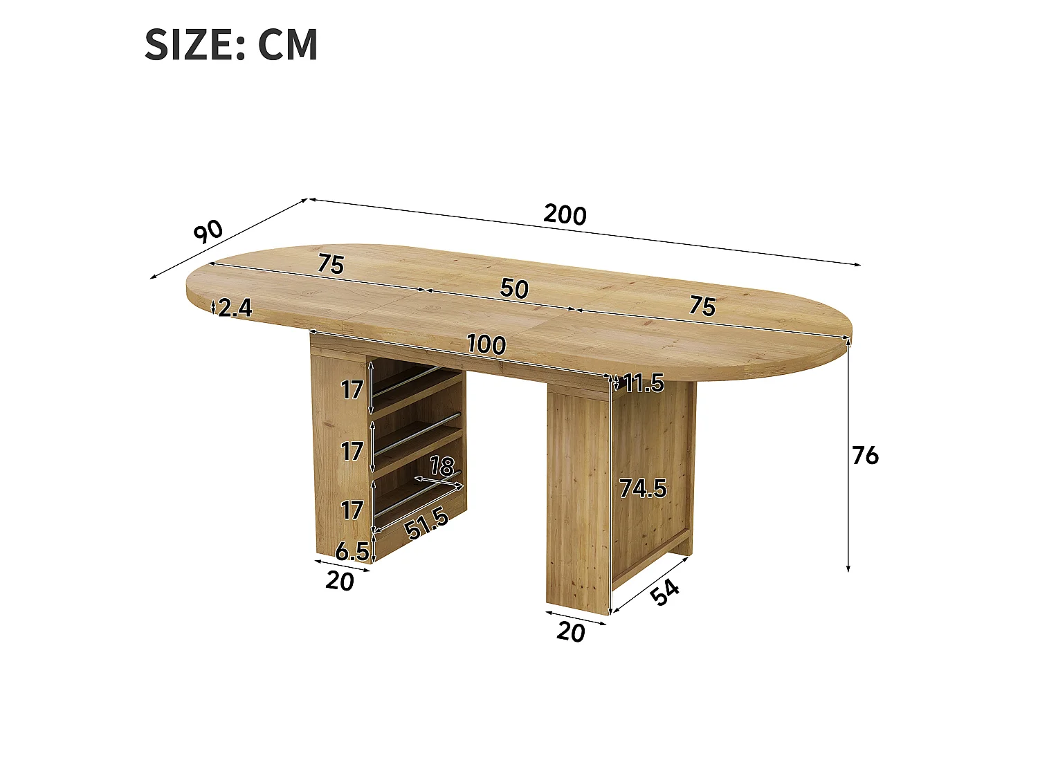 Table à manger extensible 150-200 x 90 cm effet chêne pour 6 à 8 personnes, rangement ouvert et plateau de table épaissi
