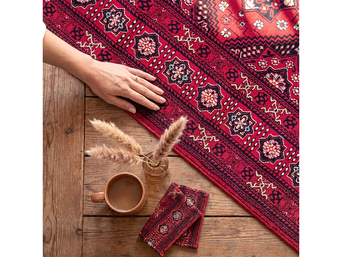 Tapis Dubai Deluxe salon orient losanges classique, Rouge, 240 x 340 cm