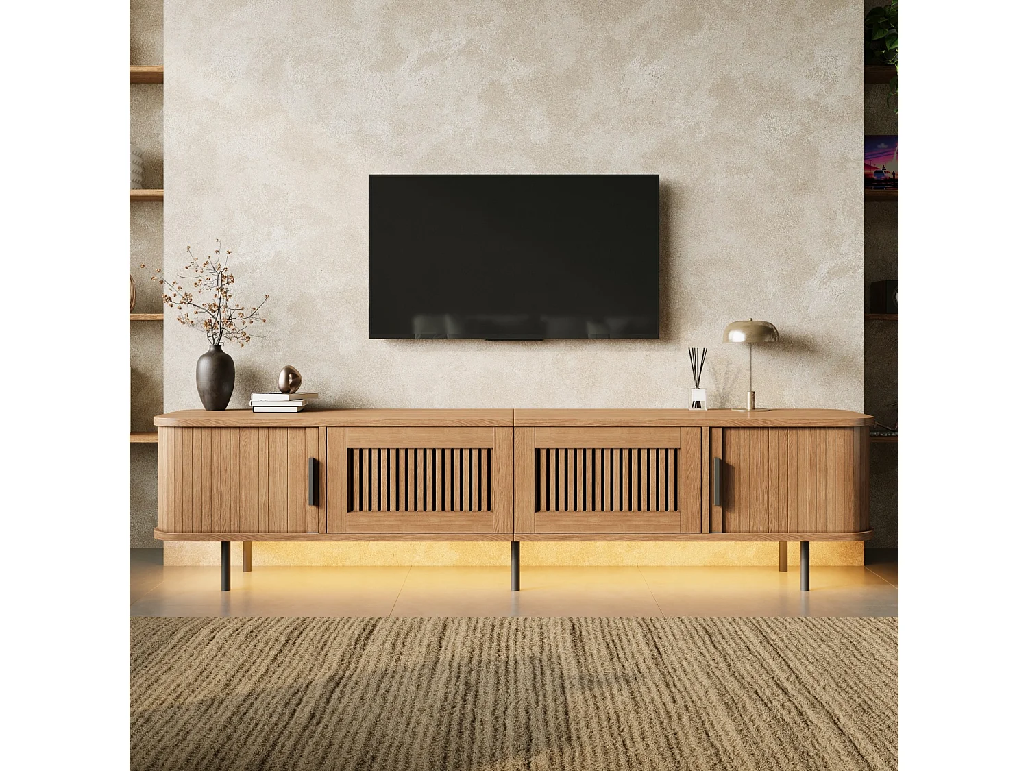 Meuble TV finition naturelle 180x40x44,5 cm avec LED pilotée par application, 2 tiroirs et 2 portes coulissantes pour salon
