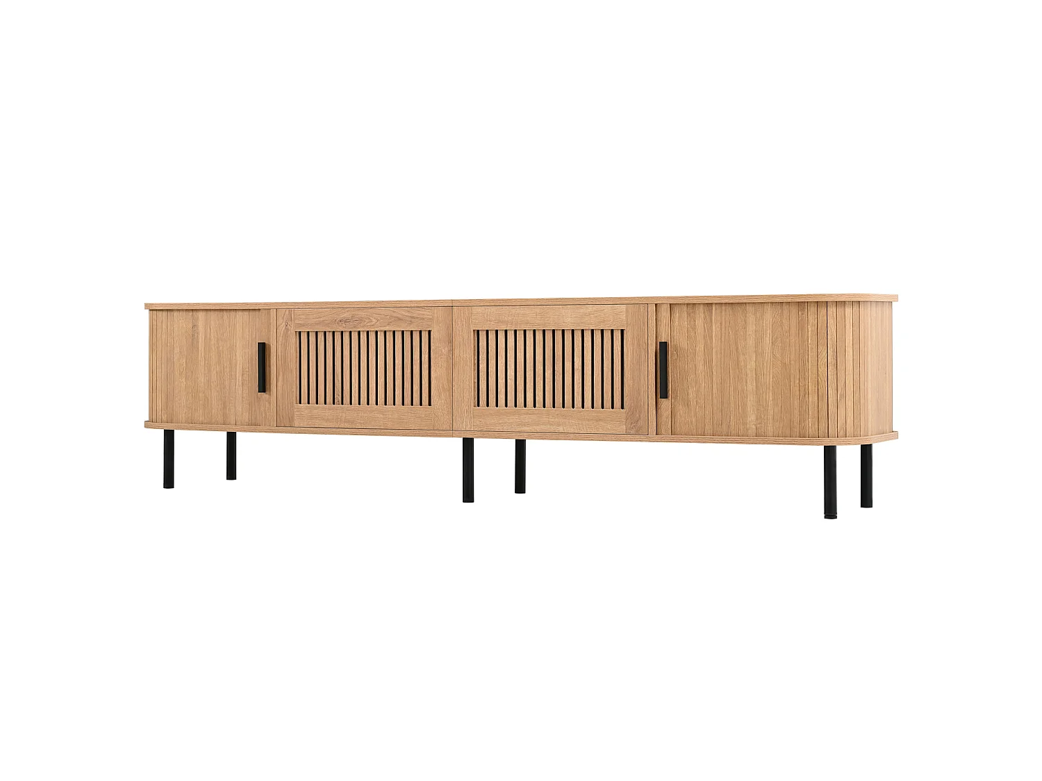 Meuble TV finition naturelle 180x40x44,5 cm avec LED pilotée par application, 2 tiroirs et 2 portes coulissantes pour salon