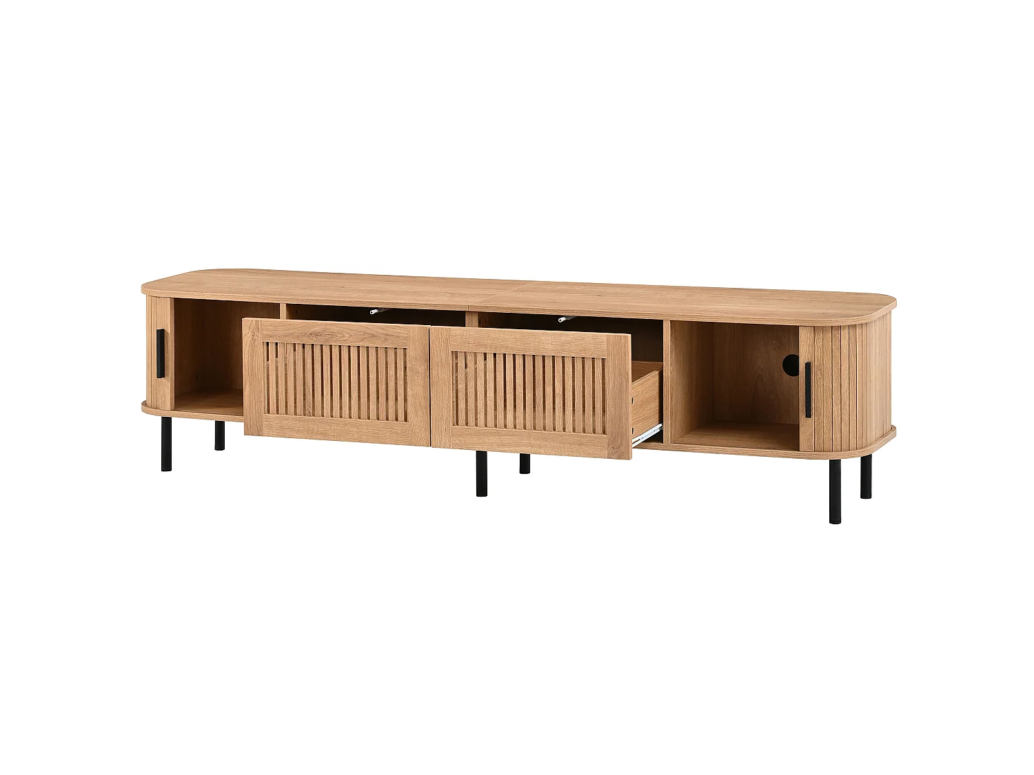 Meuble TV finition naturelle 180x40x44,5 cm avec LED pilotée par application, 2 tiroirs et 2 portes coulissantes pour salon