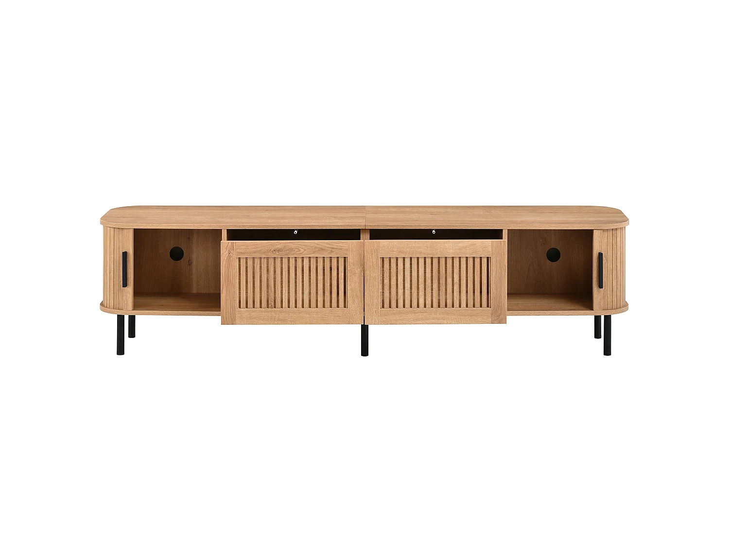 Meuble TV finition naturelle 180x40x44,5 cm avec LED pilotée par application, 2 tiroirs et 2 portes coulissantes pour salon