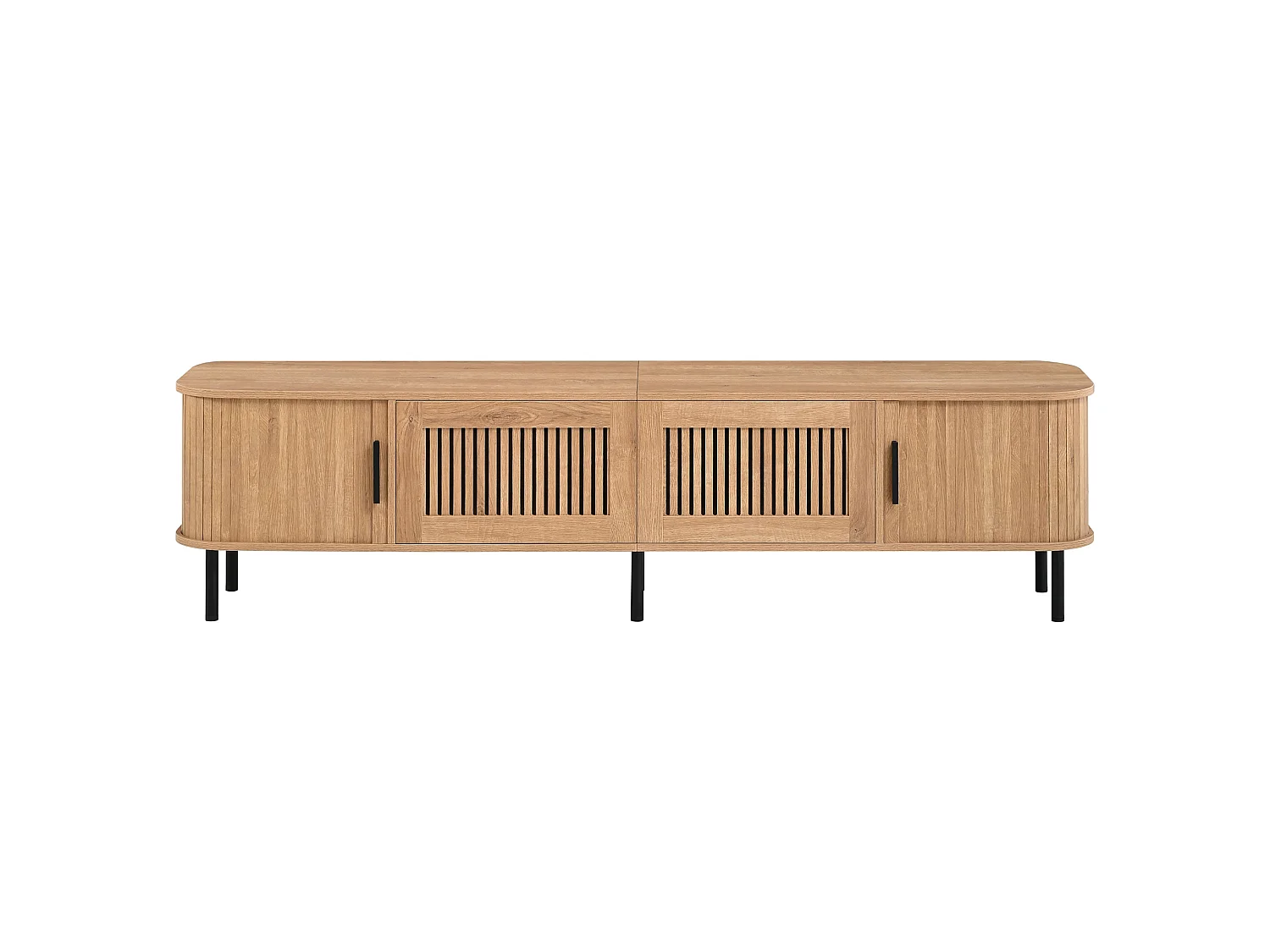 Meuble TV finition naturelle 180x40x44,5 cm avec LED pilotée par application, 2 tiroirs et 2 portes coulissantes pour salon
