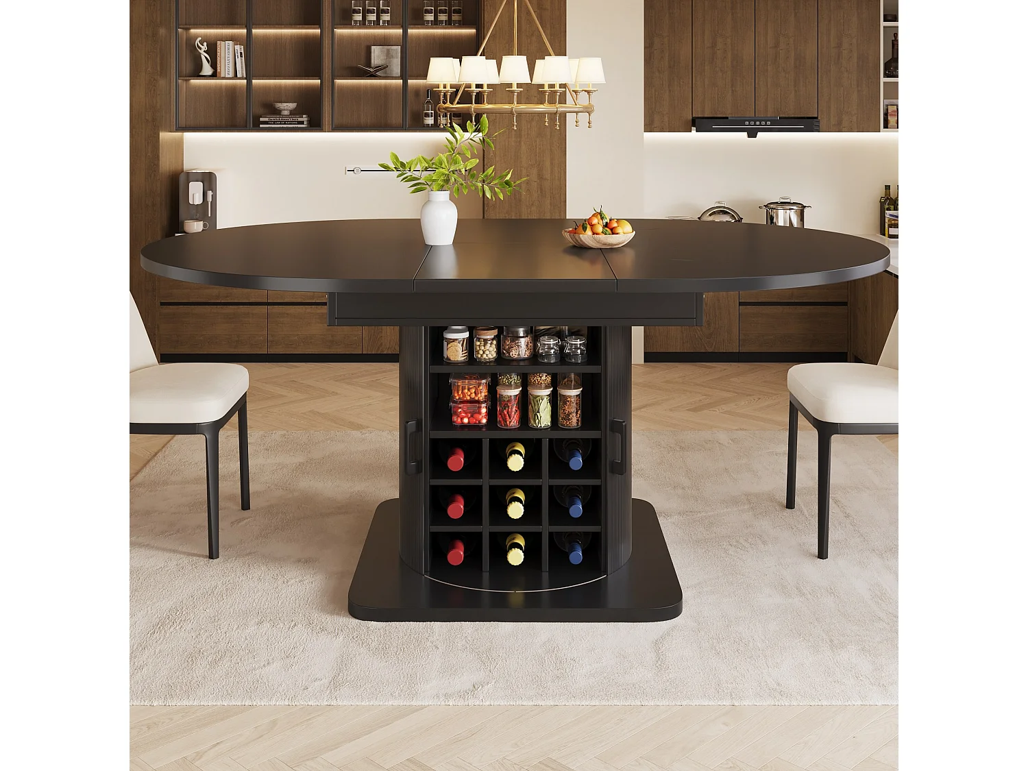 Table de salle à manger extensible noire en MDF pour 4 à 6 personnes, multifonction avec rangement et étagères amovibles