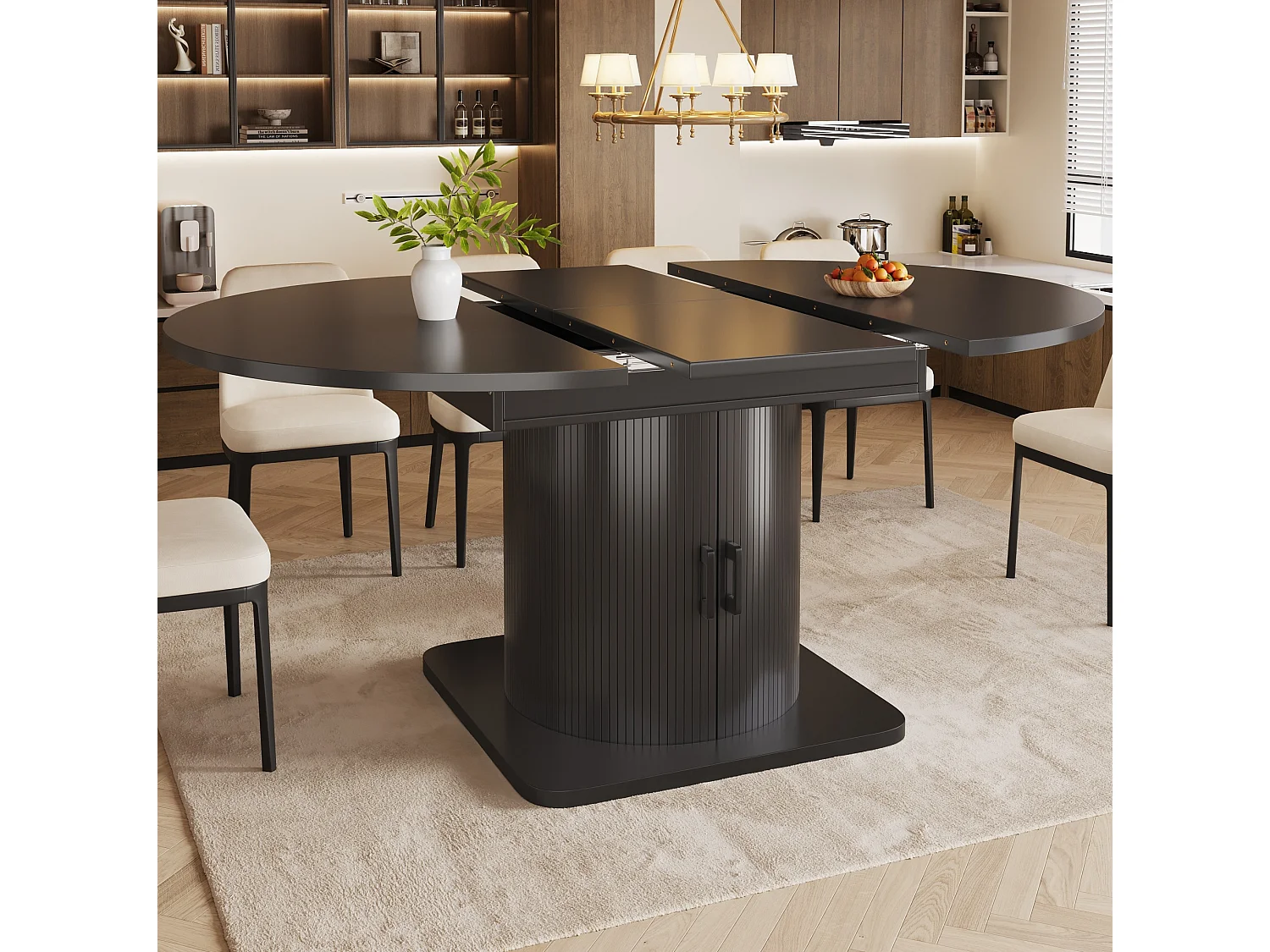Table de salle à manger extensible noire en MDF pour 4 à 6 personnes, multifonction avec rangement et étagères amovibles