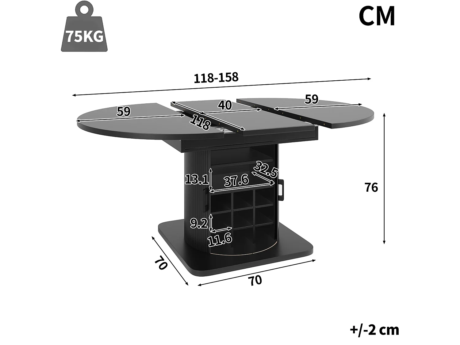Table de salle à manger extensible noire en MDF pour 4 à 6 personnes, multifonction avec rangement et étagères amovibles