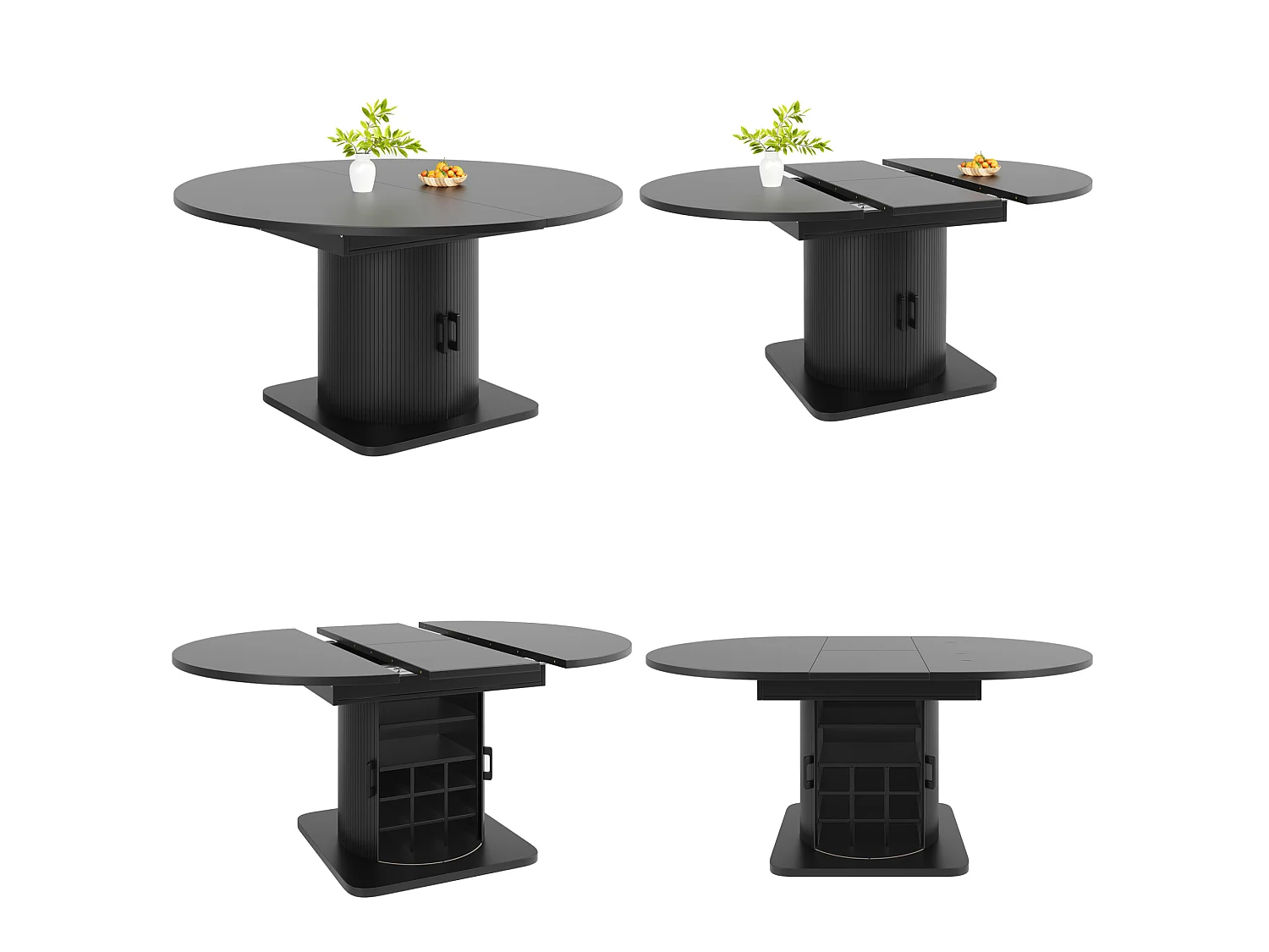 Table de salle à manger extensible noire en MDF pour 4 à 6 personnes, multifonction avec rangement et étagères amovibles