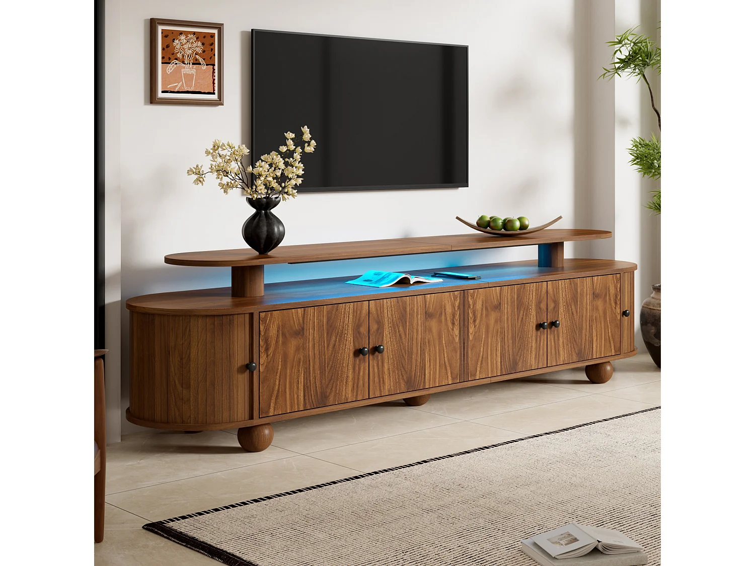 TV-Schrank braun 180x40x48 cm mit 4 festen Türen, 2 Schiebetüren und LED-Beleuchtung für Wohnzimmer