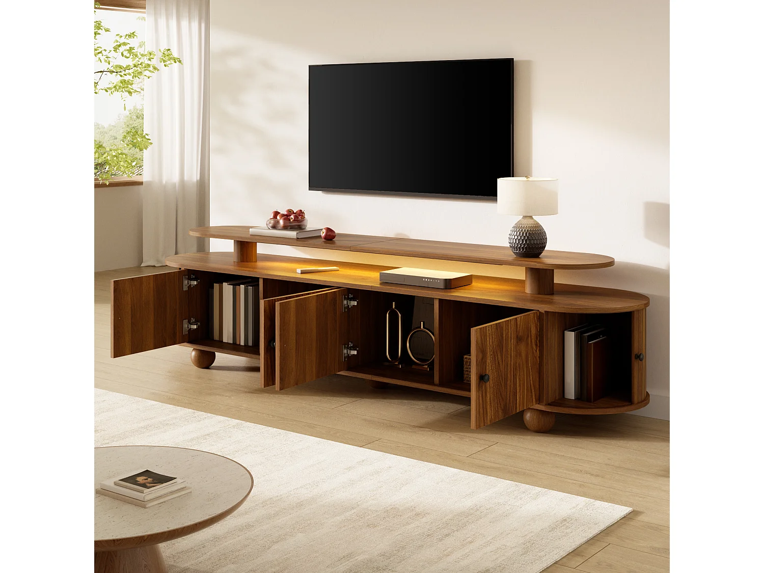 TV-Schrank braun 180x40x48 cm mit 4 festen Türen, 2 Schiebetüren und LED-Beleuchtung für Wohnzimmer