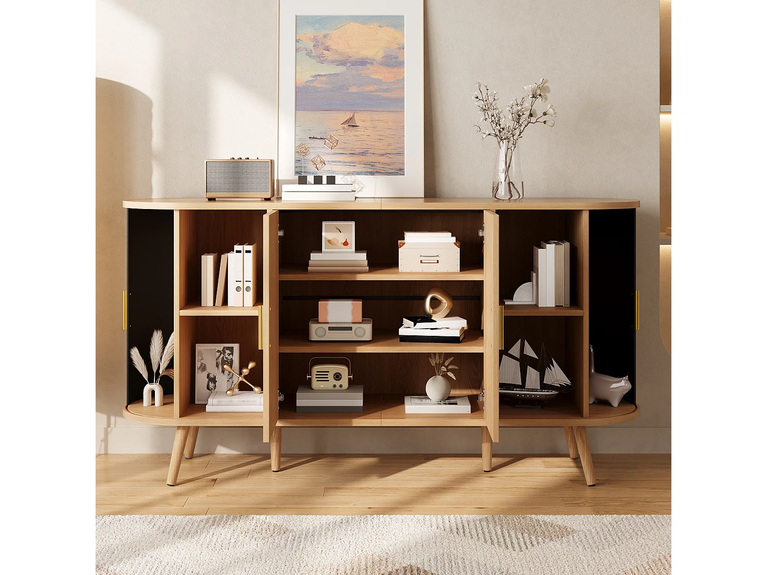 Aparador con 2 puertas abatibles y puertas correderas laterales, de MDF, color natural, 150 x 40 x 79 cm