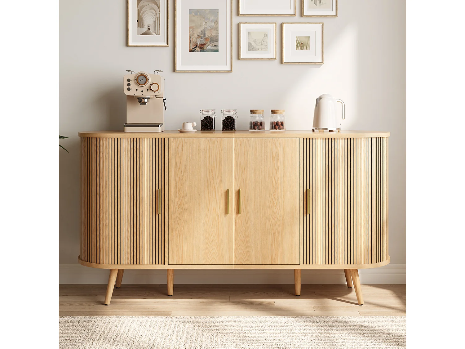 Aparador con 2 puertas abatibles y puertas correderas laterales, de MDF, color natural, 150 x 40 x 79 cm
