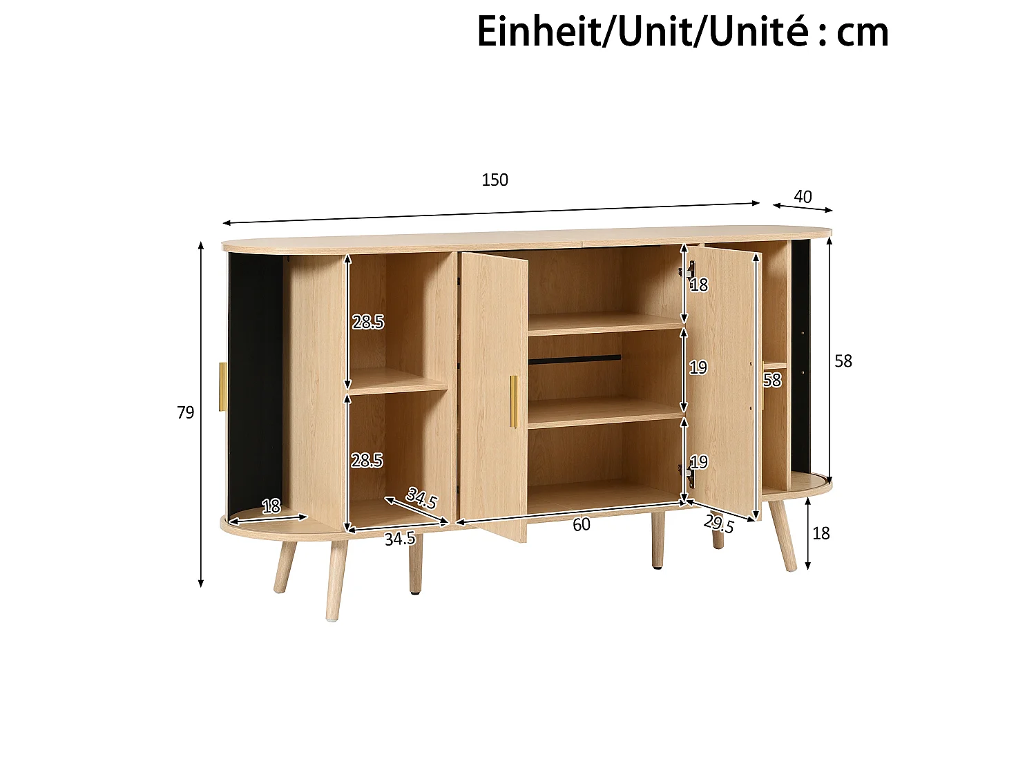Aparador con 2 puertas abatibles y puertas correderas laterales, de MDF, color natural, 150 x 40 x 79 cm