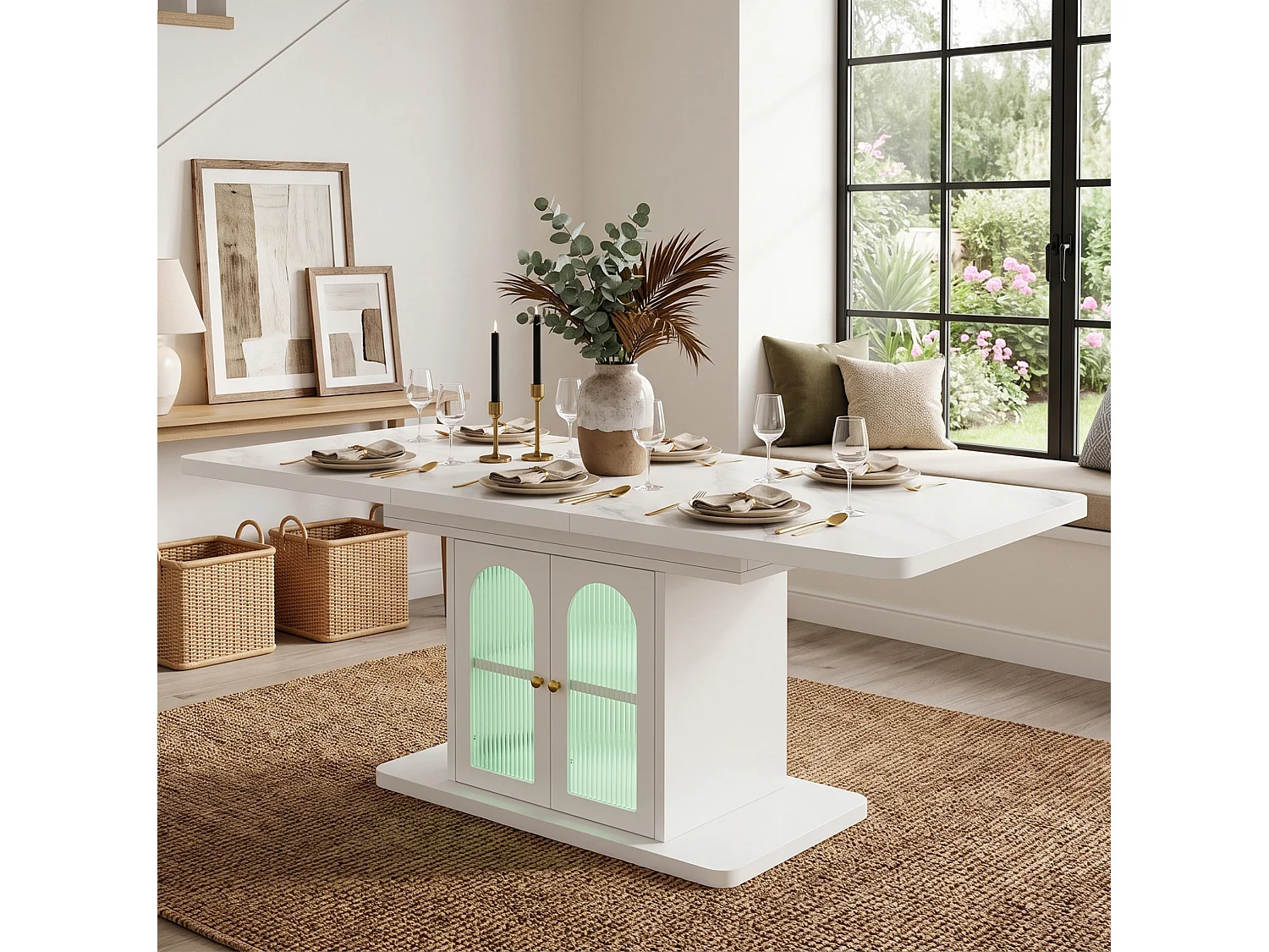 Table à manger extensible blanche effet marbre 150-200 x 80 cm avec rangement et éclairage LED