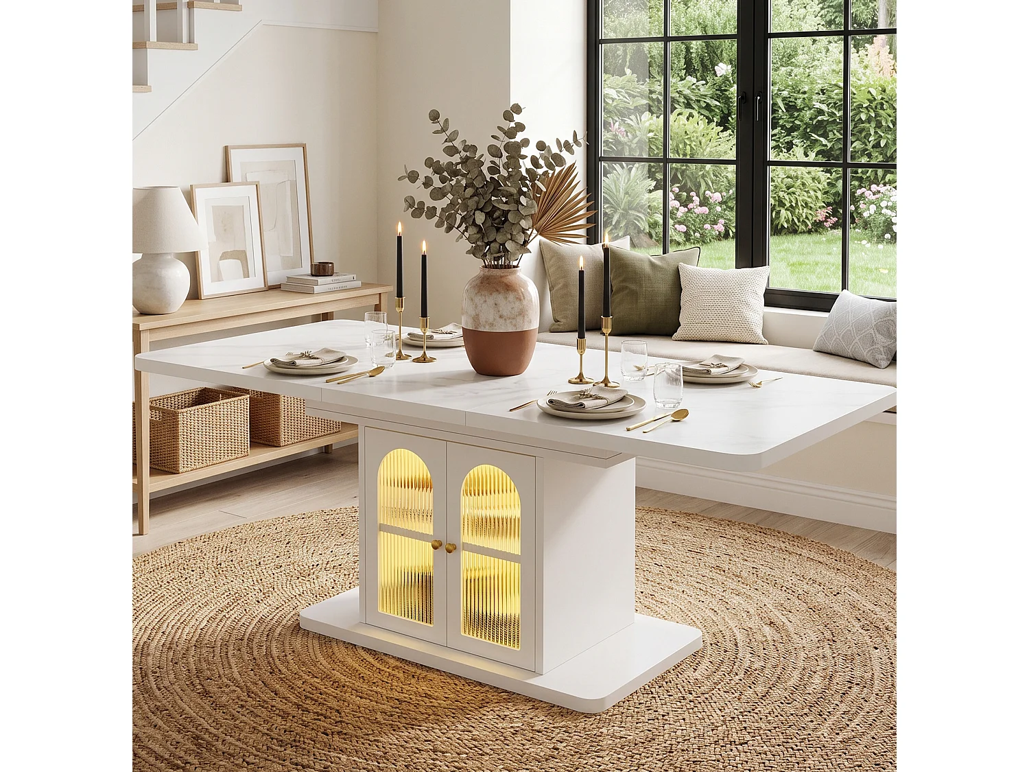 Table à manger extensible blanche effet marbre 150-200 x 80 cm avec rangement et éclairage LED